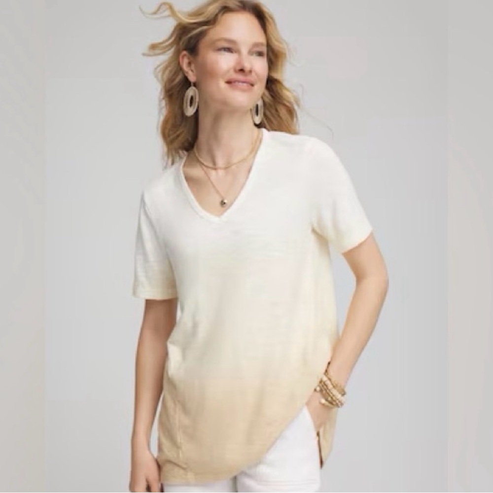Chico's Cream and Tan V-Neck Short Sleeve Top
